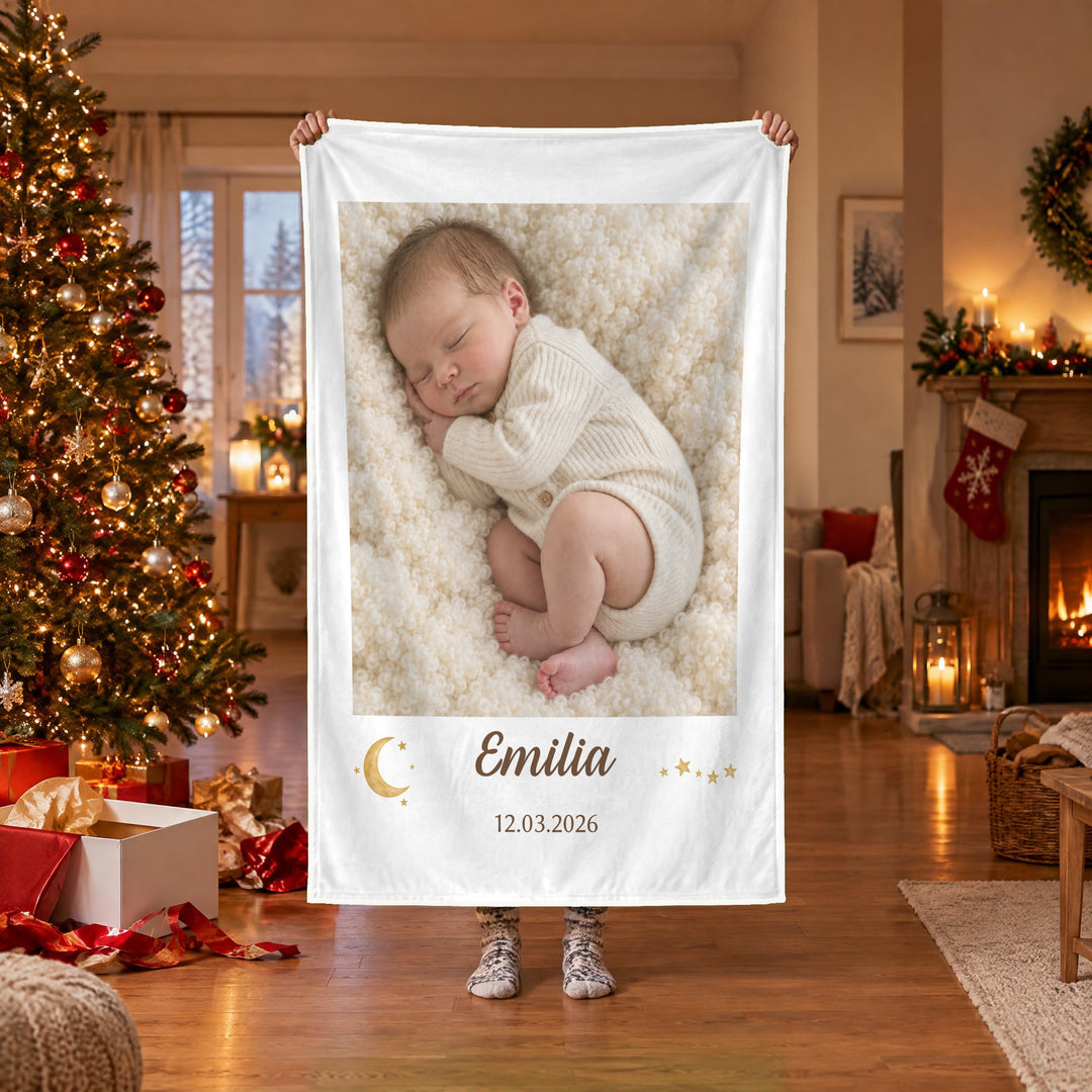 Personalisierte Babydecke mit Foto & Namen – Decke Weihnachten Auspacken hoch