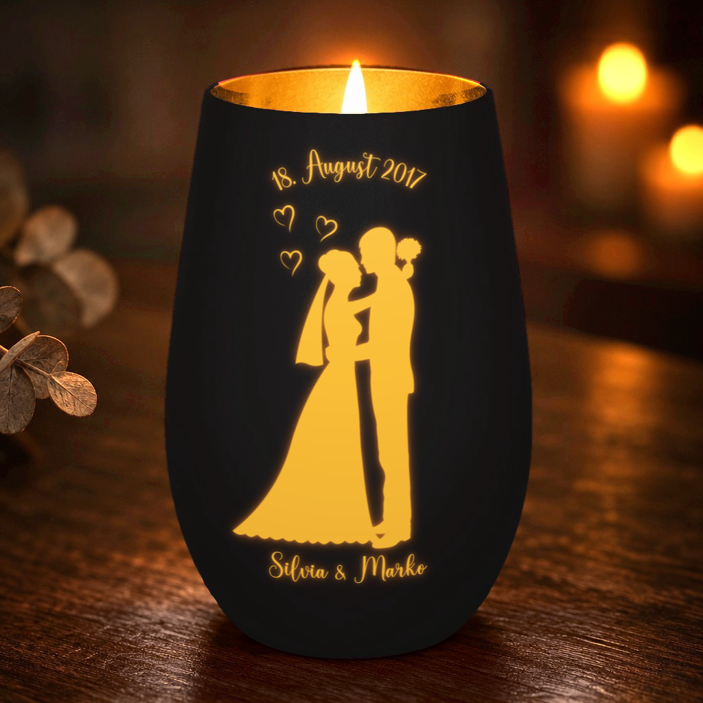 Hochzeits-Windlicht mit euren Namen – Windlicht Abendtisch – Schwarz/Gold