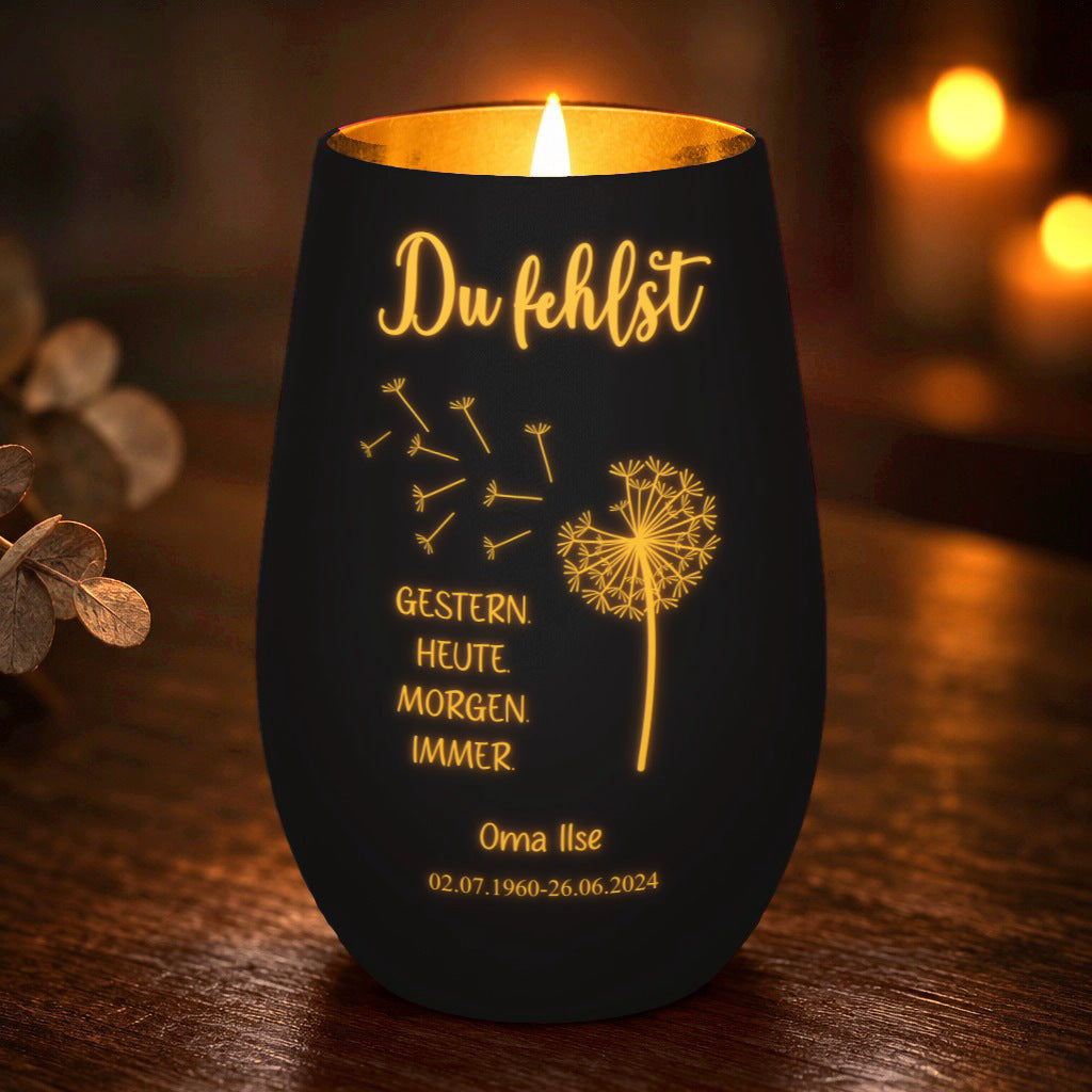Trauerlicht „Du fehlst“ mit Namen – Windlicht Abendtisch – Schwarz/Gold