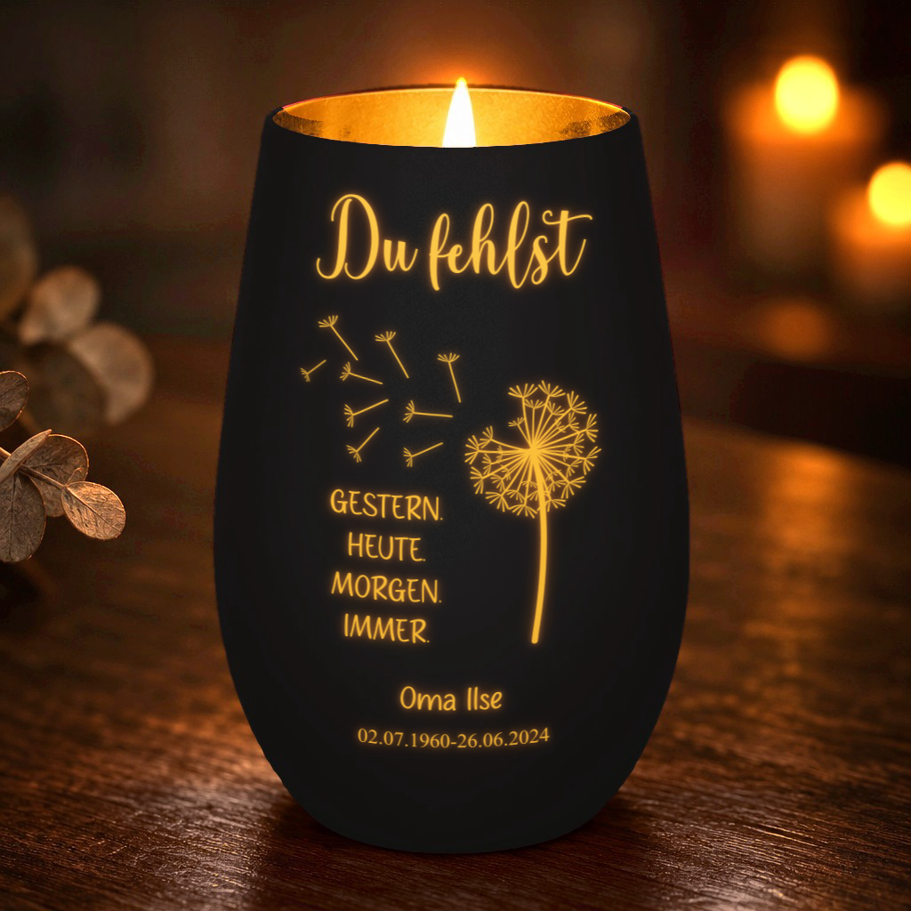 Trauerlicht „Du fehlst“ mit Namen – Windlicht Abendtisch – Schwarz/Gold