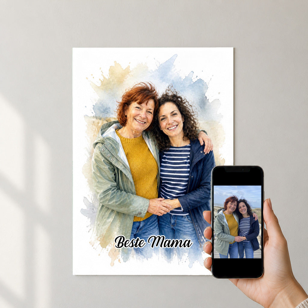 Mama & Tochter als Aquarell-Kunstwerk – Poster – Foto auf dem Handy