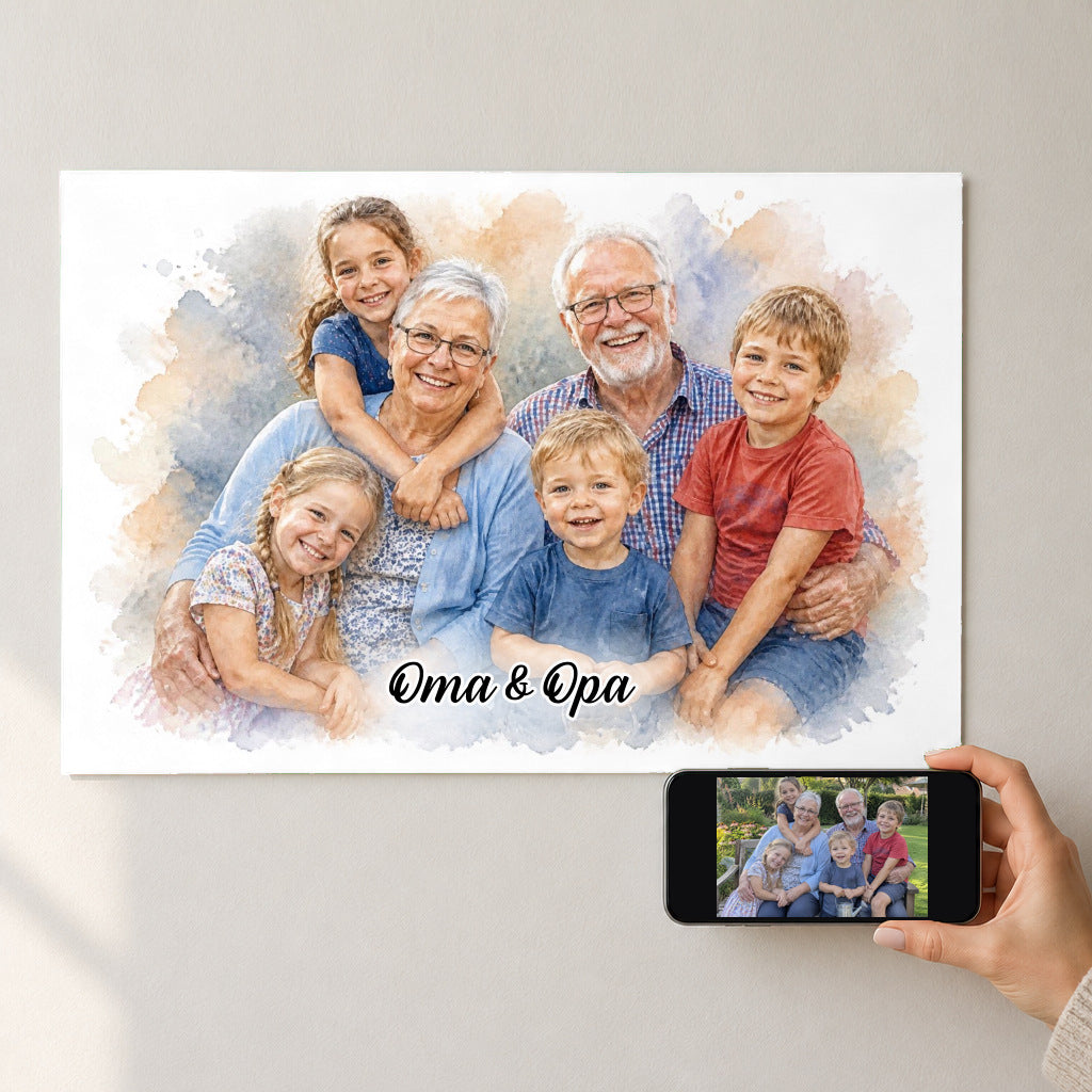 Oma, Opa & Enkel als Aquarell-Kunstwerk – Poster – Foto auf dem Handy quer