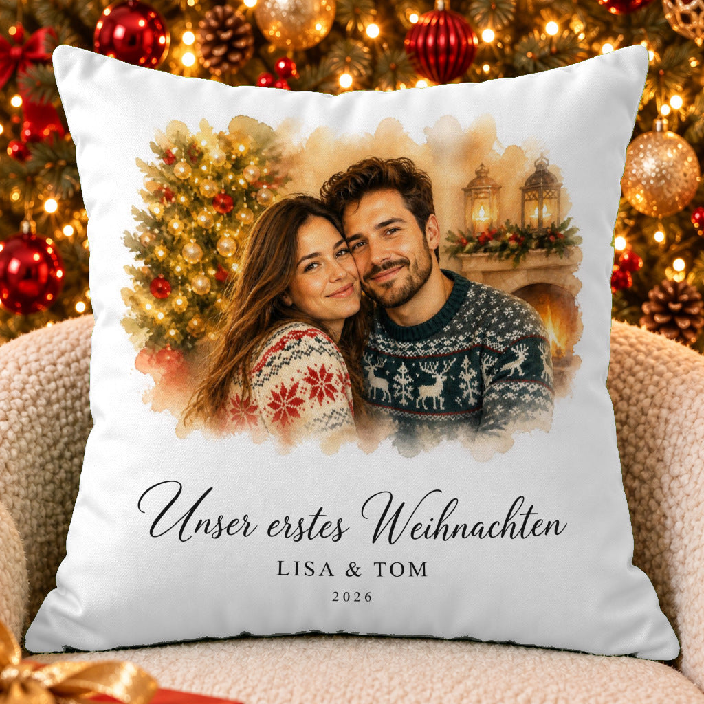 Du & ich als Aquarell – Weihnachtskissen mit eurem Foto – Weihnachten Kissen Nah · kissen-erstes-weihnachten-aquarell