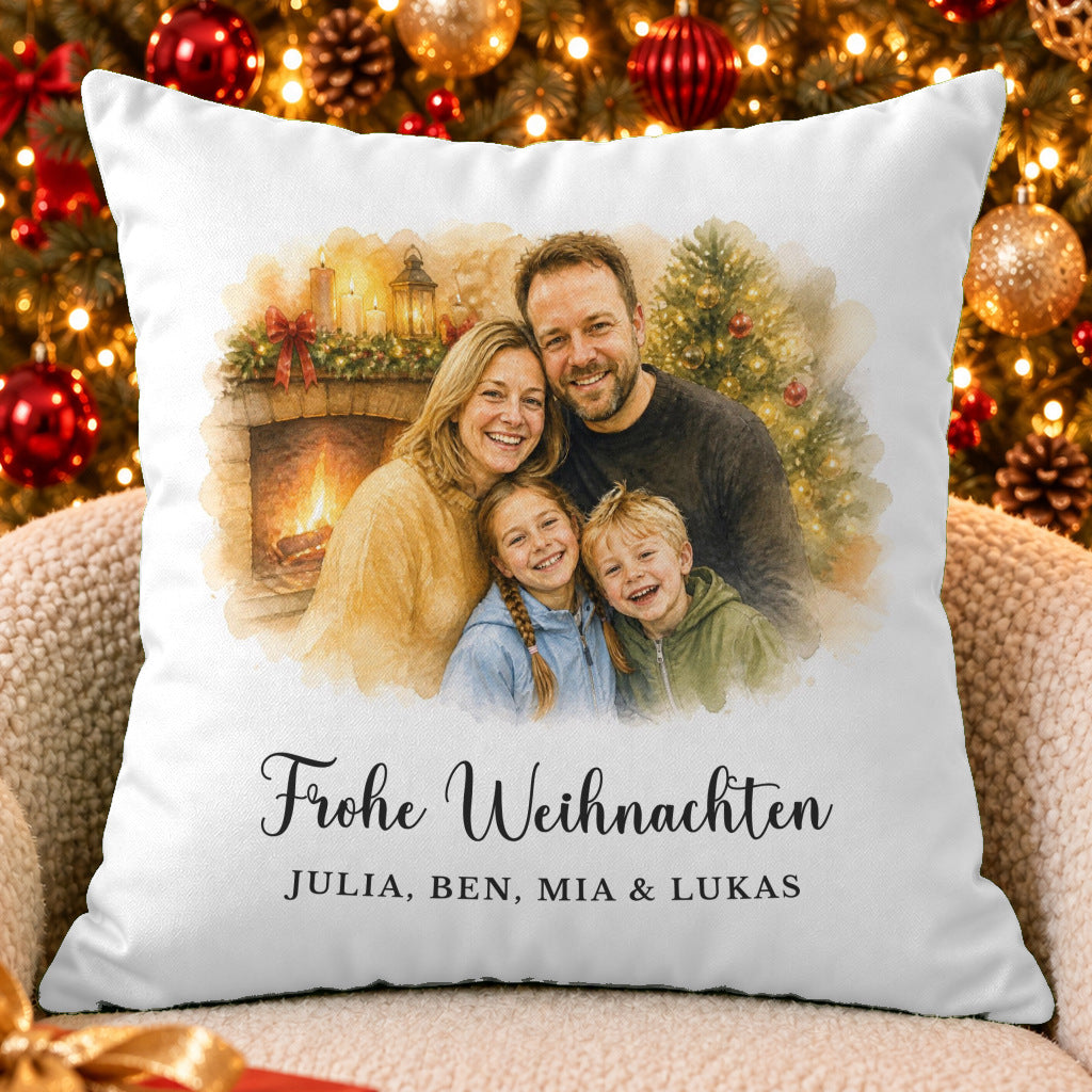 Weihnachtskissen mit eurem Foto als Aquarell – Weihnachten Kissen Nah · kissen-weihnachten-aquarell