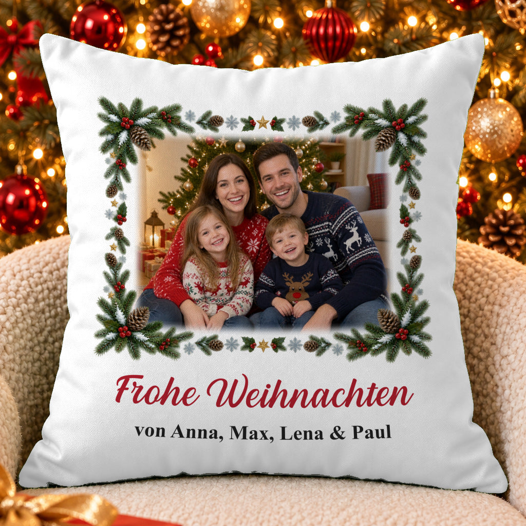 Weihnachtskissen mit Foto im Tannenrahmen – Weihnachten Kissen Nah · kissen-weihnachten-foto