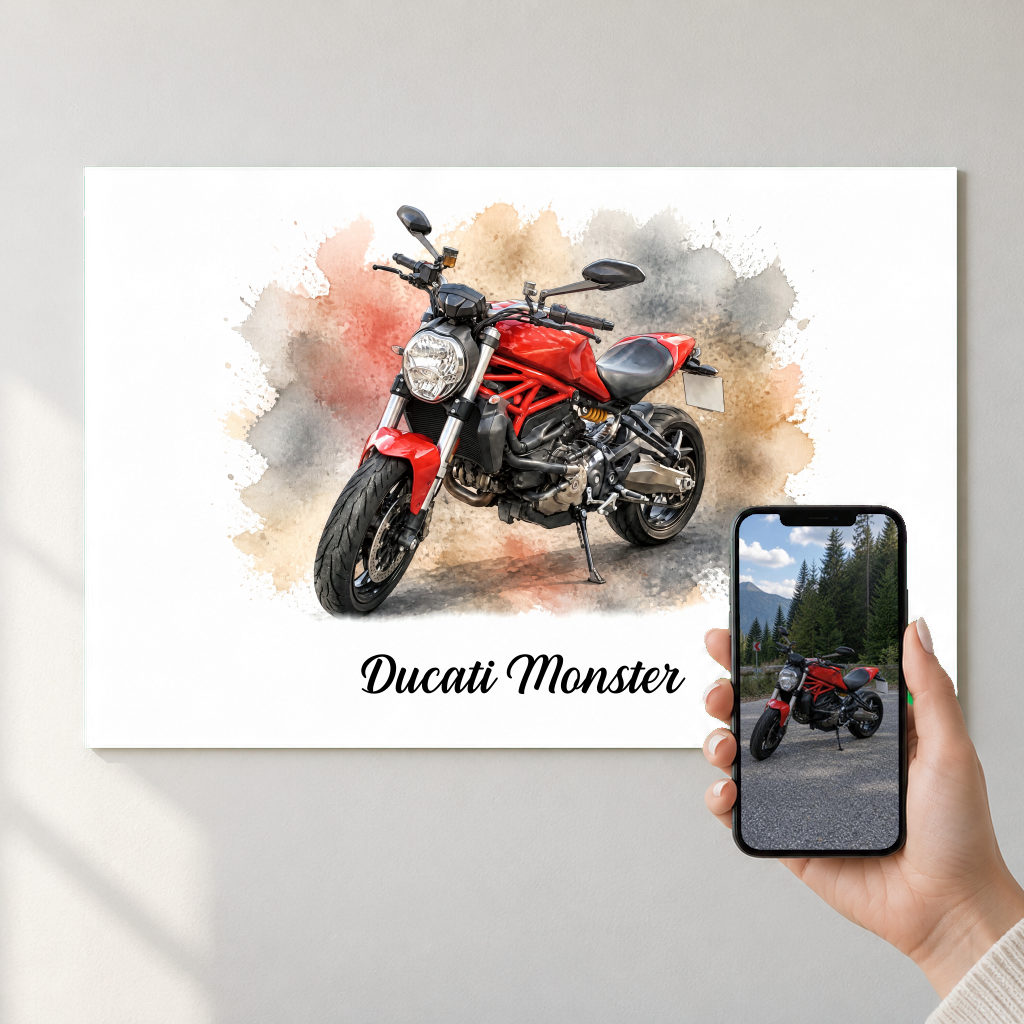Motorrad Poster vom Foto – dein Motorrad als Aquarell-Poster – Motorrad Poster – Foto auf dem Handy quer