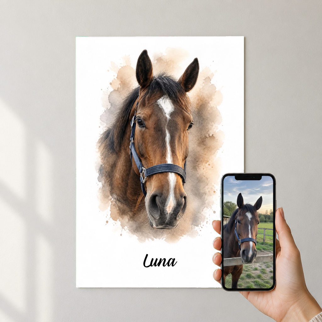 Pferdeportrait vom Foto – dein Pferd als Aquarell-Poster – Pferdeportrait – Foto auf dem Handy