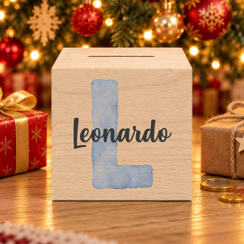 Personalisierte Spardose aus Holz mit Buchstabe & Namen – Weihnachten Spardose 1 Baum