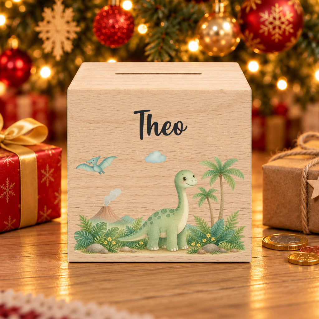 Personalisierte Spardose aus Holz mit Dino & Namen – Weihnachten Spardose 1 Baum
