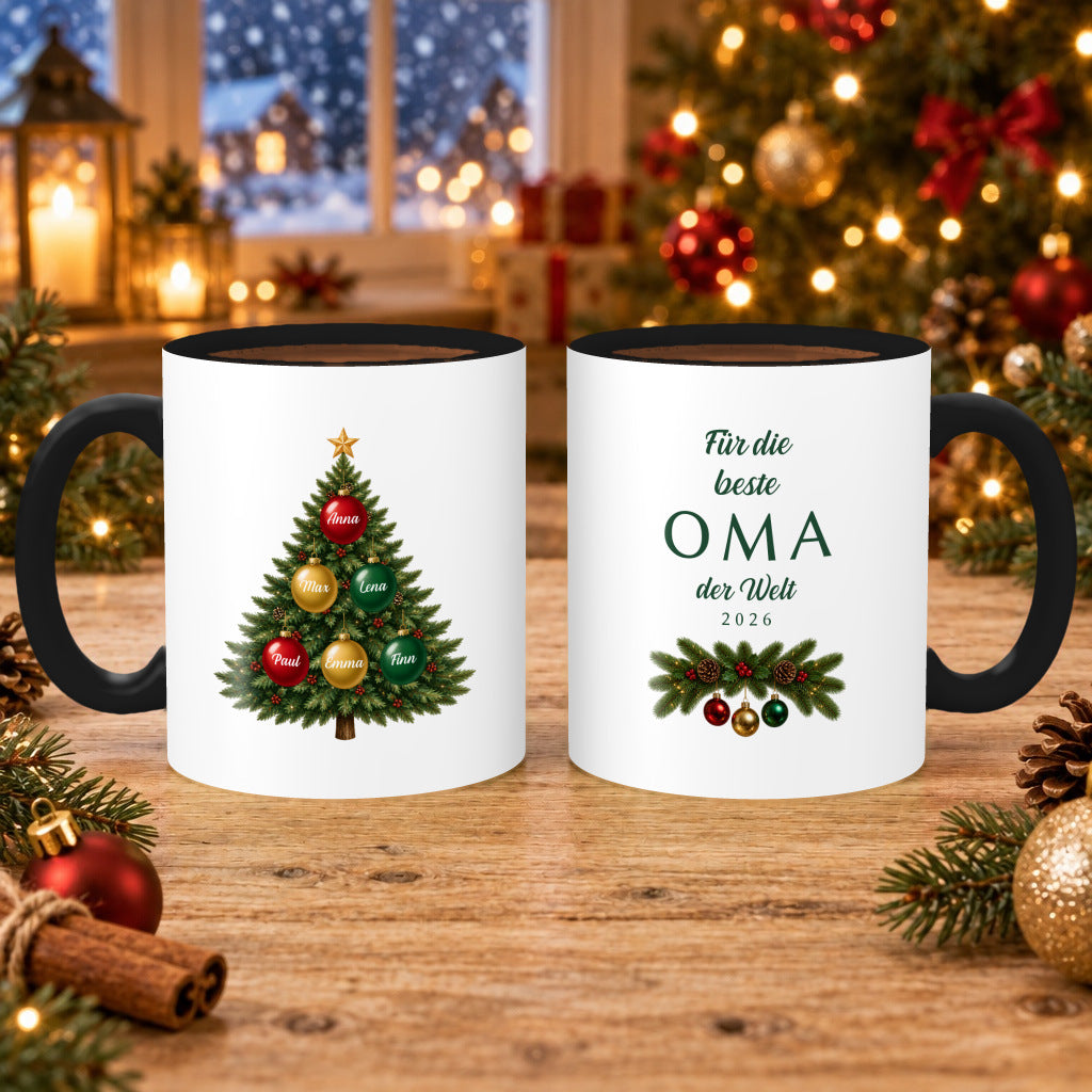 Für die beste Oma – Weihnachtstasse mit den Namen der Enkel – Weihnachten Kakao – Schwarz · tasse-weihnachten-oma-enkelnamen