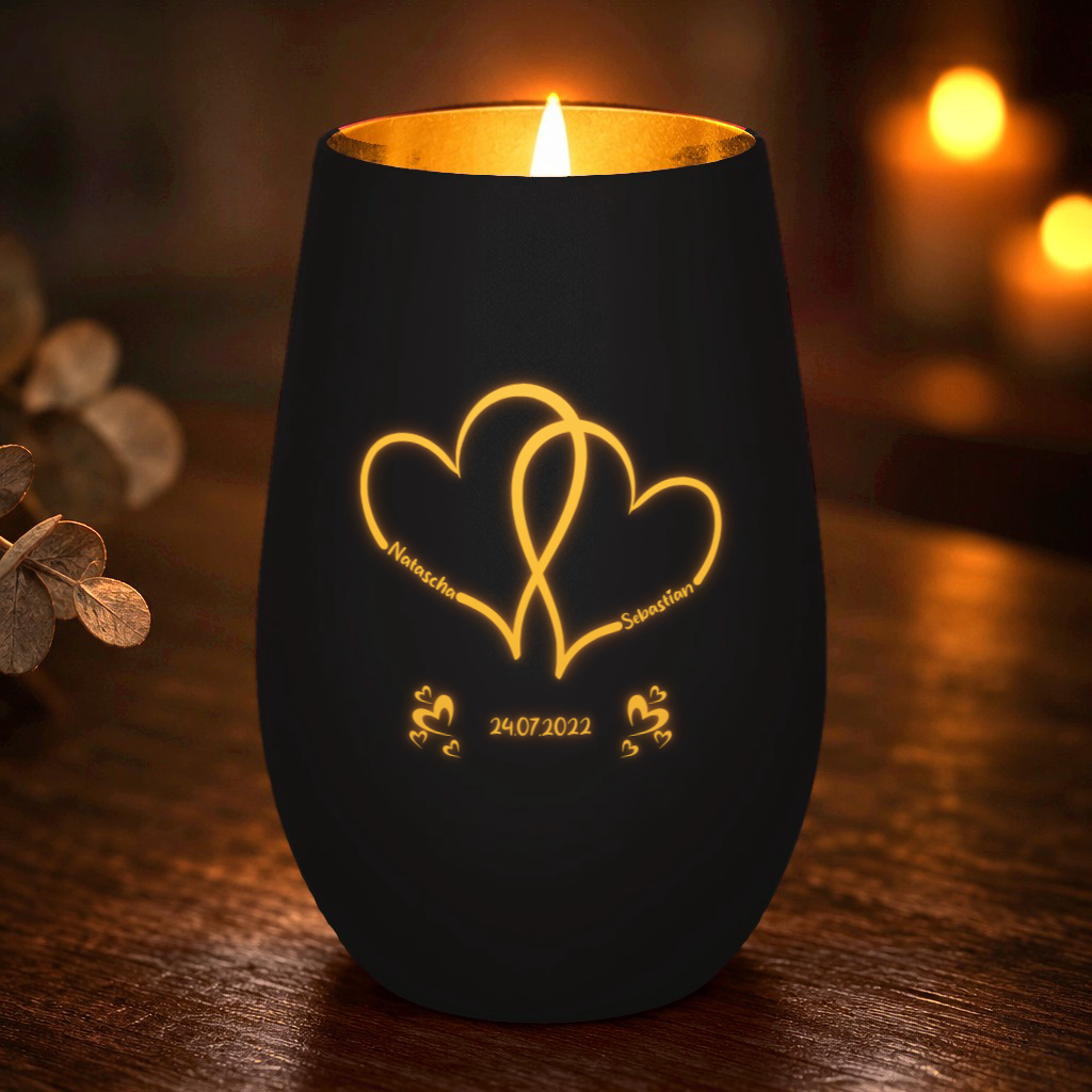 Windlicht „Unsere Herzen“ mit euren Namen – Windlicht Abendtisch – Schwarz/Gold