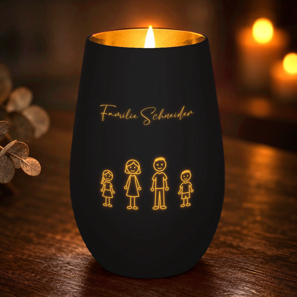 Familien-Windlicht mit euren Figuren & Namen – Windlicht Abendtisch – Schwarz/Gold