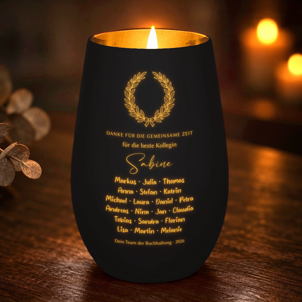 Abschieds-Windlicht für Kollegin & Kollegen – Windlicht Abendtisch – Schwarz/Gold