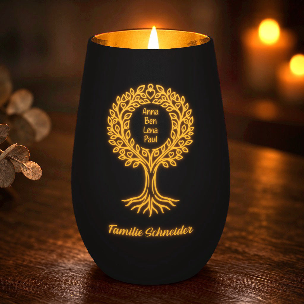 Familien-Windlicht Lebensbaum mit euren Namen – Windlicht Abendtisch – Schwarz/Gold