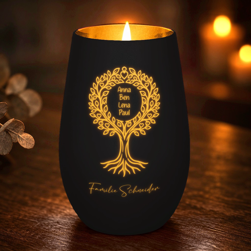 Familien-Windlicht Lebensbaum mit euren Namen – Windlicht Abendtisch – Schwarz/Gold