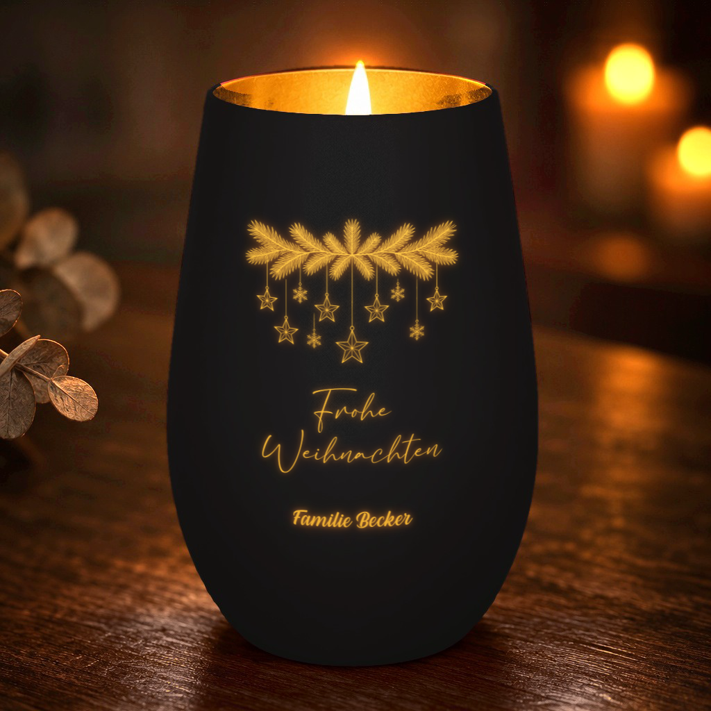 Weihnachts-Windlicht mit euren Namen – Windlicht Abendtisch – Schwarz/Gold